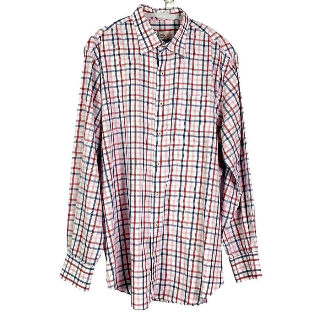 Peter Millar Men's Large Pink & Blue Plaid Cotton Long Sleeve Shirt, 100% cotton